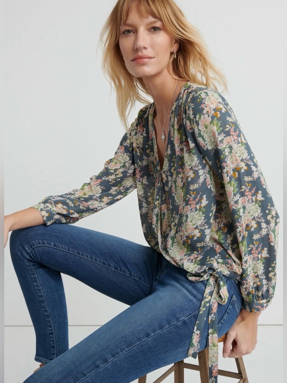 Lucky Brand Sawyer Wrap Blouse - Navy Floral Boho Top Size Small
